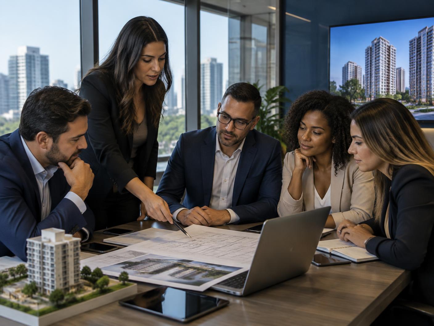 Equipe em treinamento e planejamento de uma operação imobiliária
